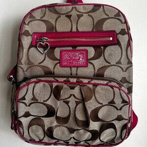 Coach Pink Leather and Brown Canvas Monogram Backpack